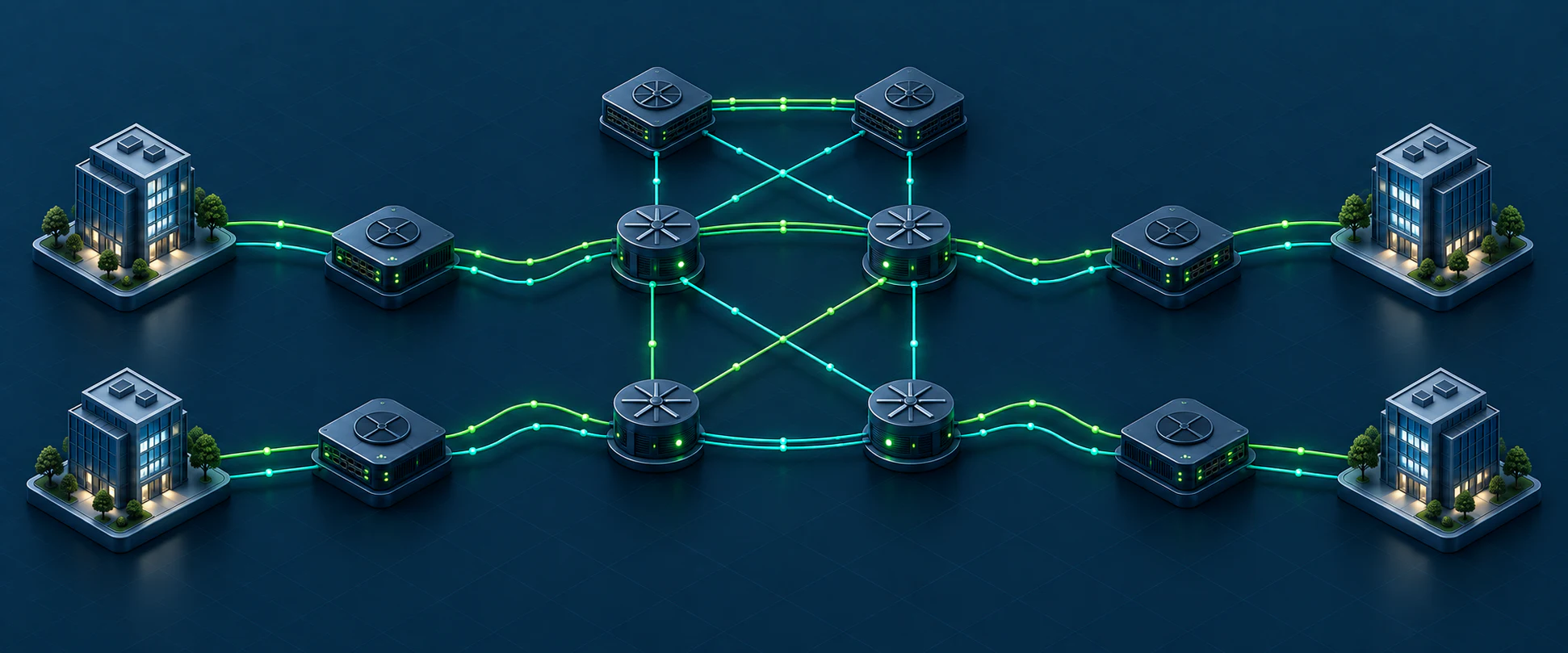 Ilustração de uma arquitetura MPLS L3VPN com quatro sites e núcleo redundante